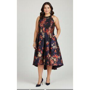SLNY Dark Floral Brocade Satin Beaded Halter NeckLine Flare Dress Womens Sz 16